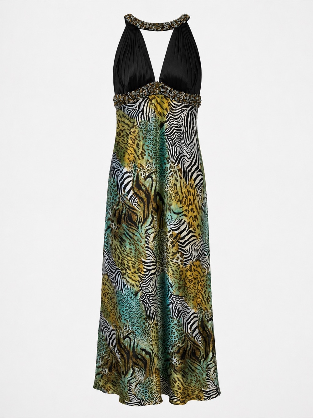 Mari Lee Beaded Halter Animal Print Maxi Dress in Black and Multicolor